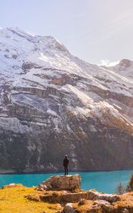 Preview wallpaper mountains, lake, man, loneliness, landscape, nature