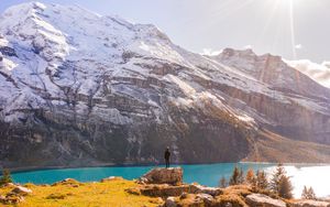 Preview wallpaper mountains, lake, man, loneliness, landscape, nature