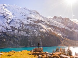 Preview wallpaper mountains, lake, man, loneliness, landscape, nature