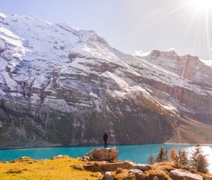 Preview wallpaper mountains, lake, man, loneliness, landscape, nature