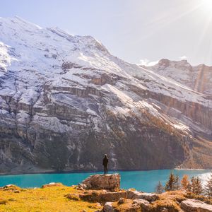 Preview wallpaper mountains, lake, man, loneliness, landscape, nature