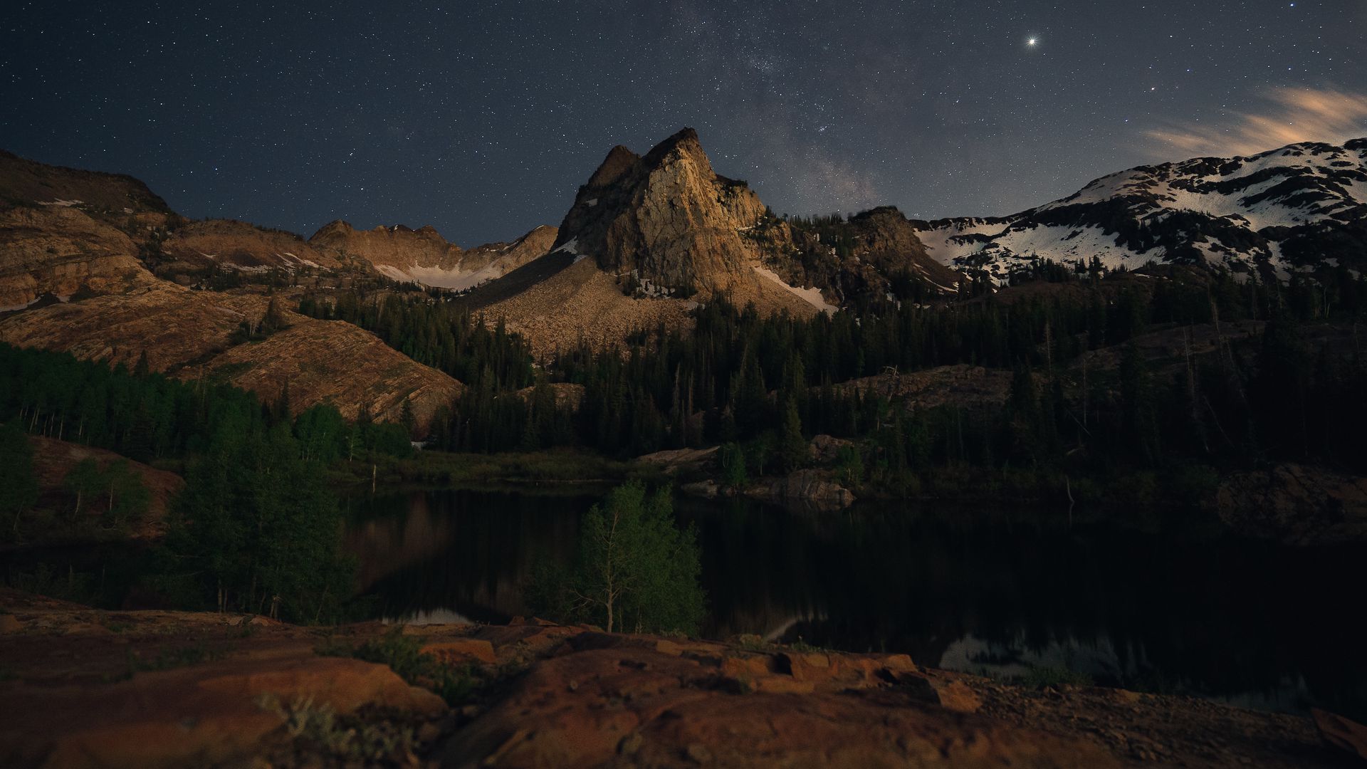 Download wallpaper 1920x1080 mountains, lake, night, landscape, dark