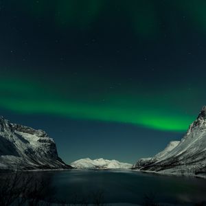 Preview wallpaper mountains, lake, northern lights, night, landscape