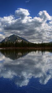 Preview wallpaper mountains, lake, panorama, surface, clouds, reflection