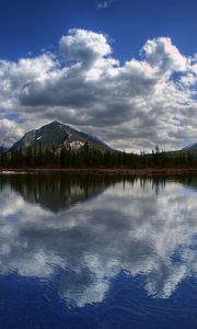 Preview wallpaper mountains, lake, panorama, surface, clouds, reflection