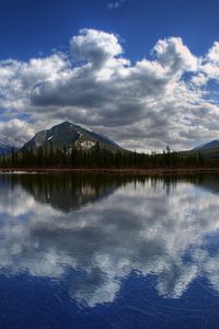 Preview wallpaper mountains, lake, panorama, surface, clouds, reflection