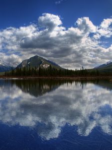 Preview wallpaper mountains, lake, panorama, surface, clouds, reflection