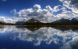 Preview wallpaper mountains, lake, panorama, surface, clouds, reflection