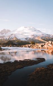 Preview wallpaper mountains, lake, peak, snowy, landscape