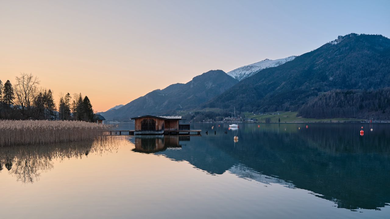 Wallpaper mountains, lake, pier, trees, landscape