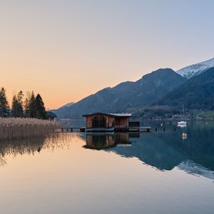 Preview wallpaper mountains, lake, pier, trees, landscape