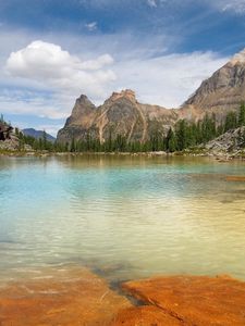 Preview wallpaper mountains, lake, plates, trees, stones