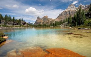 Preview wallpaper mountains, lake, plates, trees, stones