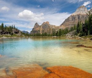 Preview wallpaper mountains, lake, plates, trees, stones