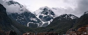 Preview wallpaper mountains, lake, reflection, rocks, clouds, snowy