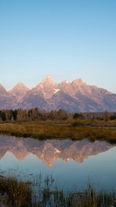 Preview wallpaper mountains, lake, reflection, grass