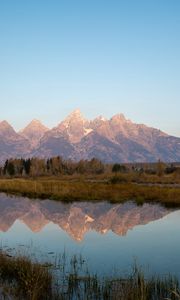 Preview wallpaper mountains, lake, reflection, grass