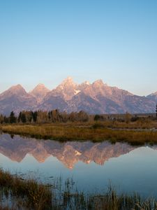 Preview wallpaper mountains, lake, reflection, grass