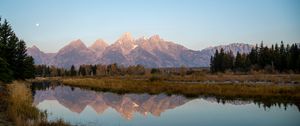 Preview wallpaper mountains, lake, reflection, grass