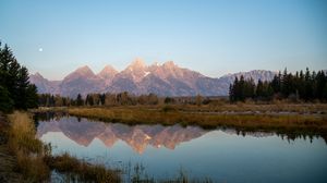 Preview wallpaper mountains, lake, reflection, grass