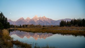 Preview wallpaper mountains, lake, reflection, grass