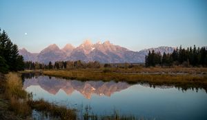Preview wallpaper mountains, lake, reflection, grass