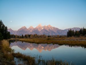Preview wallpaper mountains, lake, reflection, grass