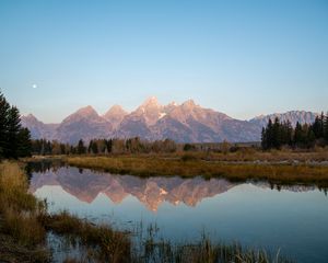 Preview wallpaper mountains, lake, reflection, grass
