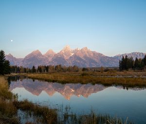 Preview wallpaper mountains, lake, reflection, grass