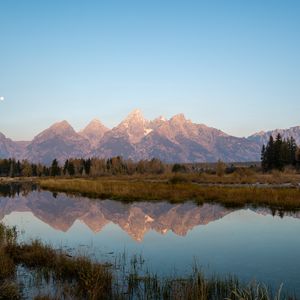 Preview wallpaper mountains, lake, reflection, grass