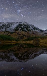 Preview wallpaper mountains, lake, reflection, stars, night, nature, landscape
