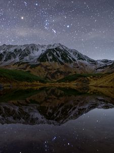 Preview wallpaper mountains, lake, reflection, stars, night, nature, landscape