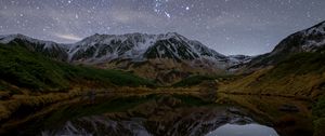 Preview wallpaper mountains, lake, reflection, stars, night, nature, landscape