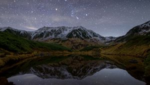 Preview wallpaper mountains, lake, reflection, stars, night, nature, landscape