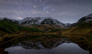 Preview wallpaper mountains, lake, reflection, stars, night, nature, landscape