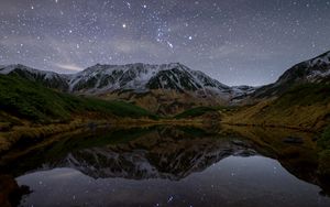 Preview wallpaper mountains, lake, reflection, stars, night, nature, landscape