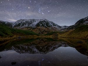 Preview wallpaper mountains, lake, reflection, stars, night, nature, landscape