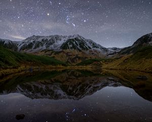 Preview wallpaper mountains, lake, reflection, stars, night, nature, landscape
