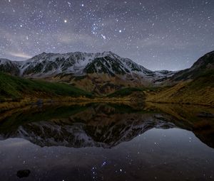 Preview wallpaper mountains, lake, reflection, stars, night, nature, landscape