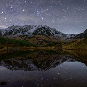 Preview wallpaper mountains, lake, reflection, stars, night, nature, landscape