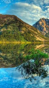 Preview wallpaper mountains, lake, reflection, mirror, clouds, brightly, sky, bush