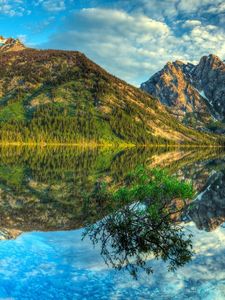 Preview wallpaper mountains, lake, reflection, mirror, clouds, brightly, sky, bush