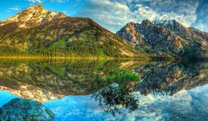 Preview wallpaper mountains, lake, reflection, mirror, clouds, brightly, sky, bush