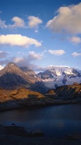 Preview wallpaper mountains, lake, ripples, shade, clouds, snow