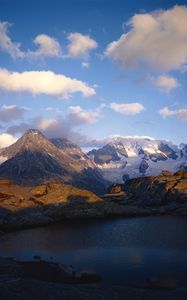 Preview wallpaper mountains, lake, ripples, shade, clouds, snow