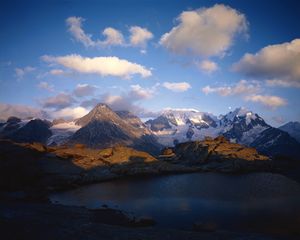 Preview wallpaper mountains, lake, ripples, shade, clouds, snow