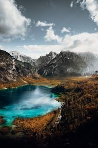 Preview wallpaper mountains, lake, rocks, road, landscape