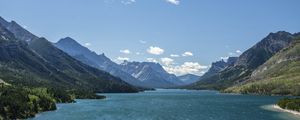 Preview wallpaper mountains, lake, rocks, sky, clouds