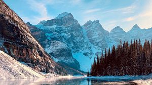 Preview wallpaper mountains, lake, rocks, ice, trees, slope