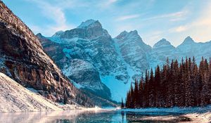 Preview wallpaper mountains, lake, rocks, ice, trees, slope